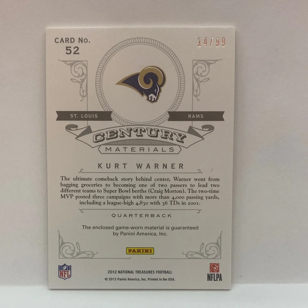 2012 National Treasures Kurt Warner Century Materials Card #52 (070)